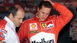 Ferrari driver German Michael Schumacher studies his times with a technician 24 July in Spielberg during a training session for the Austrian Grand Prix which will be held here on Sunday. (Electronic Image),Image: 68665767, License: Rights-managed, Restrictions: AUSTRIA OUT, GERMANY OUT, SWITZERLAND OUT, UK OUTSOUTH TYROL OUT, Model Release: no
