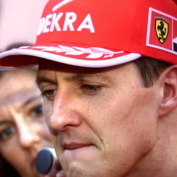 German driver Michael Schumacher of Ferrari bites his lip after finishing the free practice session of the Japanese Formula One Grand Prix at Suzuka 29 October 1999. Schumacher finished the third with a time of 1 minute 42.215 seconds. (ELECTRONIC IMAGE),Image: 20485129, License: Rights-managed, Restrictions:, Model Release: no