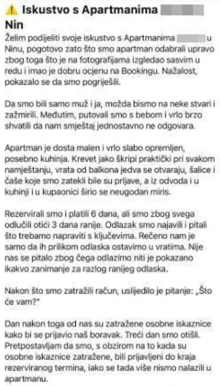 Mlada obitelj iz Hrvatske napustila apartman u Ninu tri dana ranije, prepiska s vlasnicom &scaron;okirala sve