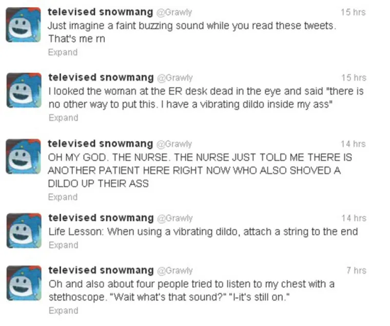 Tako je detaljno opisao da vibrator jo&scaron; uvijek vibrira u njemu, a da mu je sestra u bolnici rekla da su maloprije zaprimili jo&scaron; jednog pacijenta s istim problemom. Pokuka priče: Uvijek zavežite vrpcu na kraj vibratora.