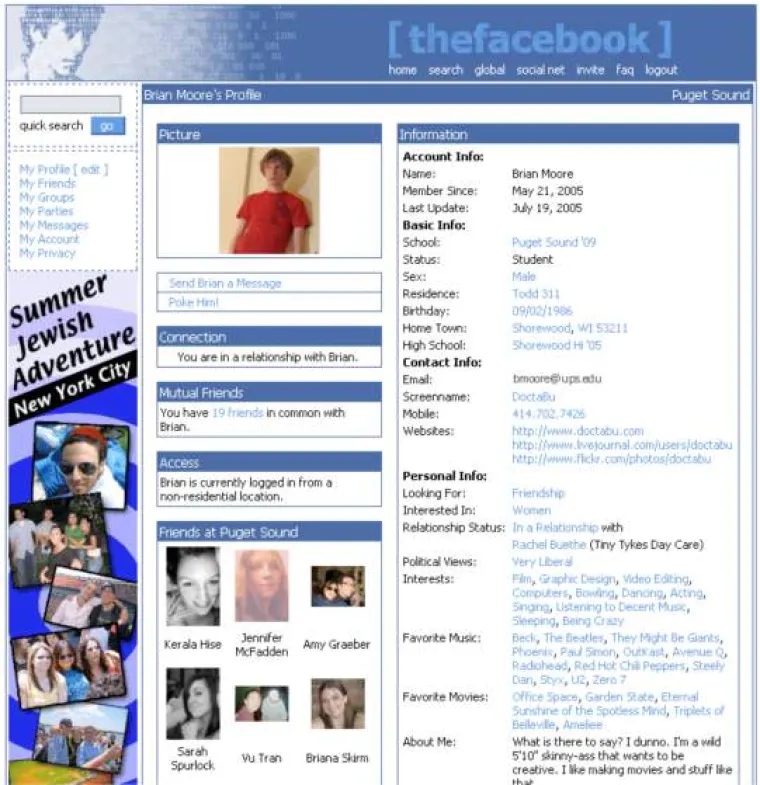 Facebook profilna stranica 2005. godine: U ovo vrijeme Facebook je izgledom podsjećao na MySpace.