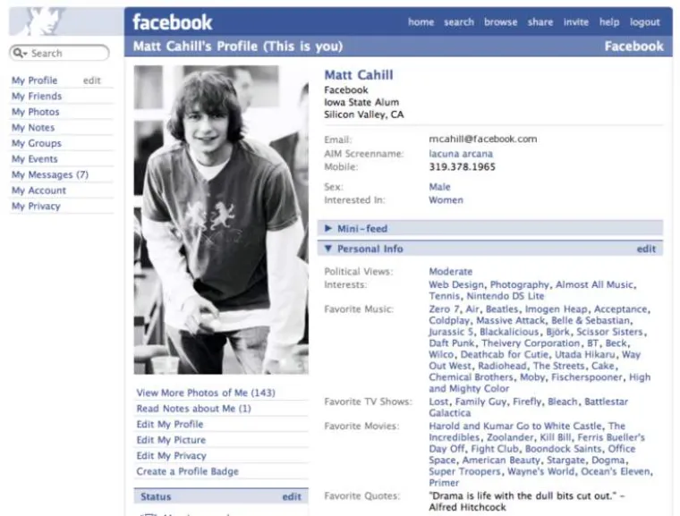 Facebook profilna stranica 2005. godine: Umjesto The Facebook pi&scaron;e samo Facebook.