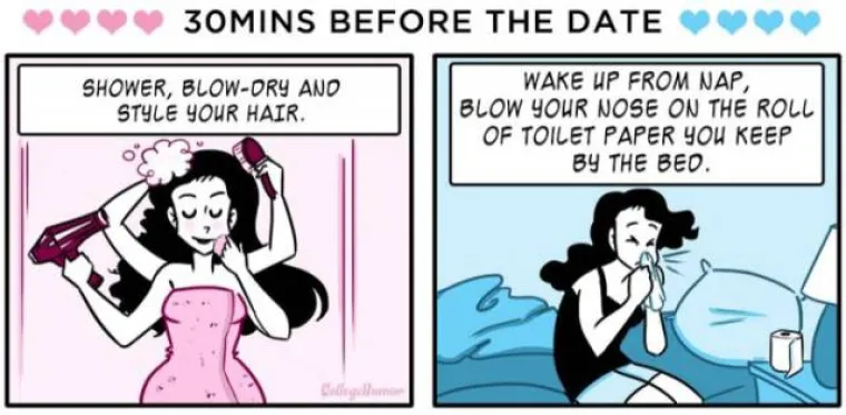 Pols sata prije prvog spoja se tu&scaron;ira i radi frizuru, a pola sata prije 21. budi se i pu&scaron;e nos u rolu toaletnog papira koju drži pored kreveta.