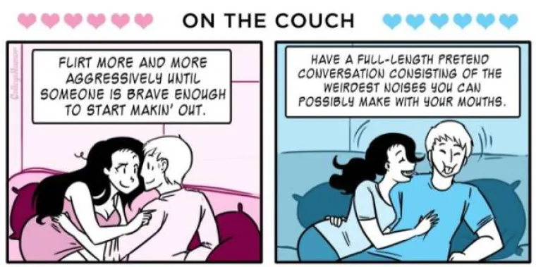 Nakon prvog spoja na kauču koketira sve agresivnije dok netko ne skupi hrabrost napraviti prvi korak. Nakon 21. spoja pretvarate se da razgovarate proizvodeći najčudnije moguće zvukove.