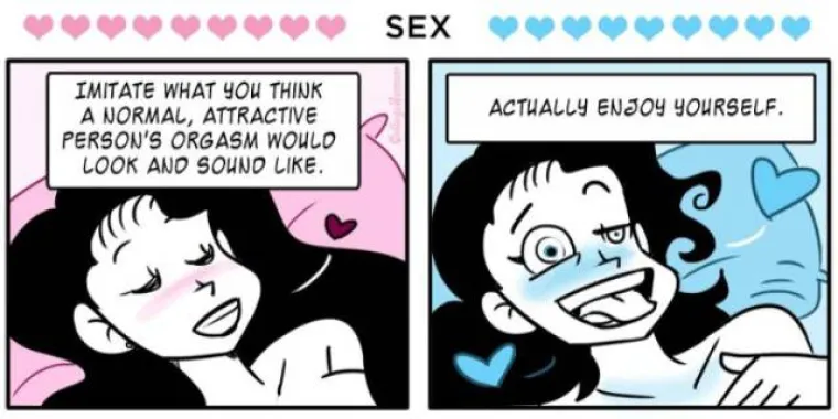 Za vrijeme prvog seksa imitira kako misli da bi lijepi orgazam trebao izgledati i zvučati. Za vrijeme 21. jednostavno uživa.