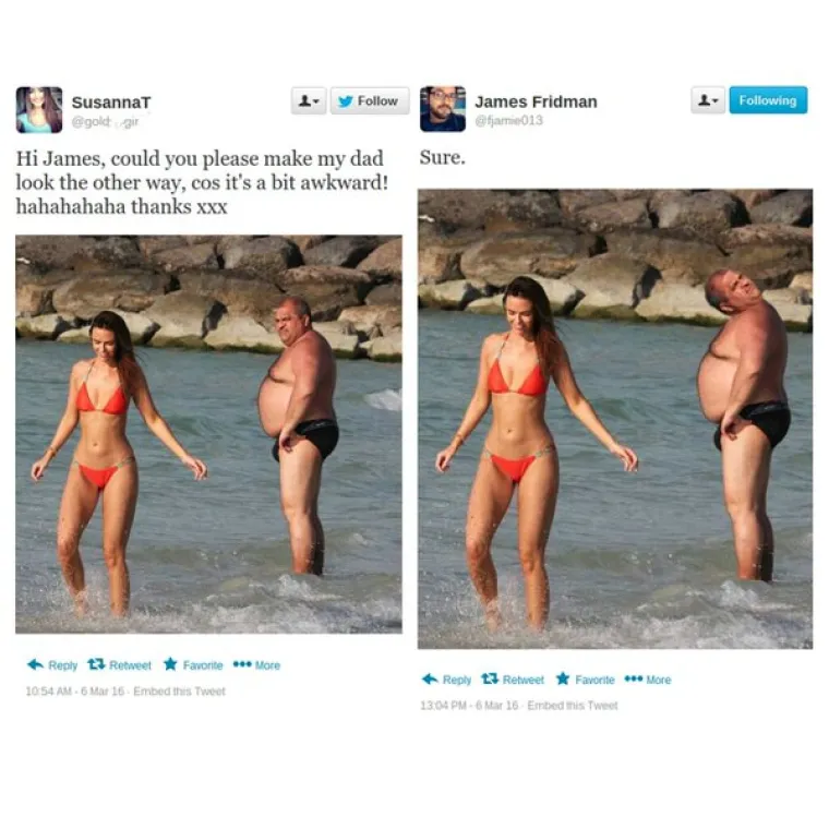 James Fridman ima pakt s internetom: Pošaljete mu svoje slike, a on će ih besplatno popraviti. Primjerice, ova ga je djevojka zamolila da promjeni smjer u kojem njezin tata sa slike gleda.