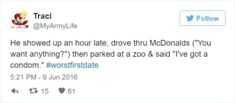 Pojavio se sat vremena kasnije, odveo me u drive thru McDonald'sa (pitao me želim li što), a onda parkirao kod ZOO-a i rekao: 'Imam kondom'