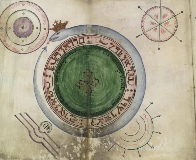 Jedna od stranica iz knjige koja prikazuje zmiju Urobora, antički simbol vječnosti; predstavlja ostvarenje punog ciklusa, ciklus života i vječnosti.