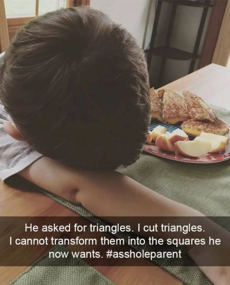 Tražio je da mu narežem trokute pa sam narezala. Sada je ljut jer ipak želi kvadrate.