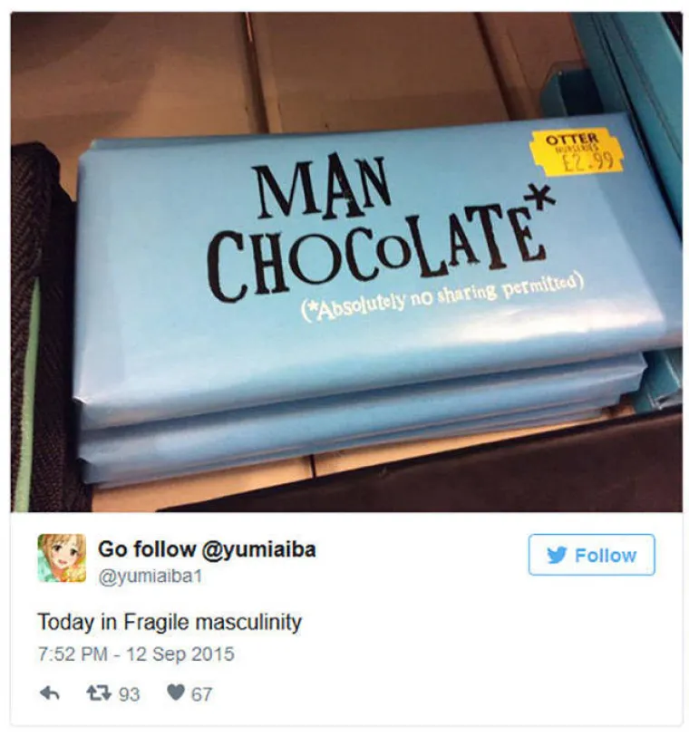 Neki proizvodi na sebi imaju jasne oznake da su za mu&scaron;karce iako su identični onim za žene. U čemu je onda razlika? To je samo jo&scaron; jedan marketin&scaron;ki trik kojim se mu&scaron;karce motivira da kupe proizvode koji se kose s njihovim pojmom mu&scaron;kosti. Takve oznake mogu se pronaći na pastama za zube, higijenskim &scaron;tapićima, posteljinama, spužvama za tu&scaron;iranje... svim onim proizvodima koji mu&scaron;karci labavog ega ne bi nikada kupili da ne postoje u 'mu&scaron;kim bojama'. Kako su marketin&scaron;ki stručnjaci doskočili takvoj krhkoj mu&scaron;kosti, pogledajte u galeriji.