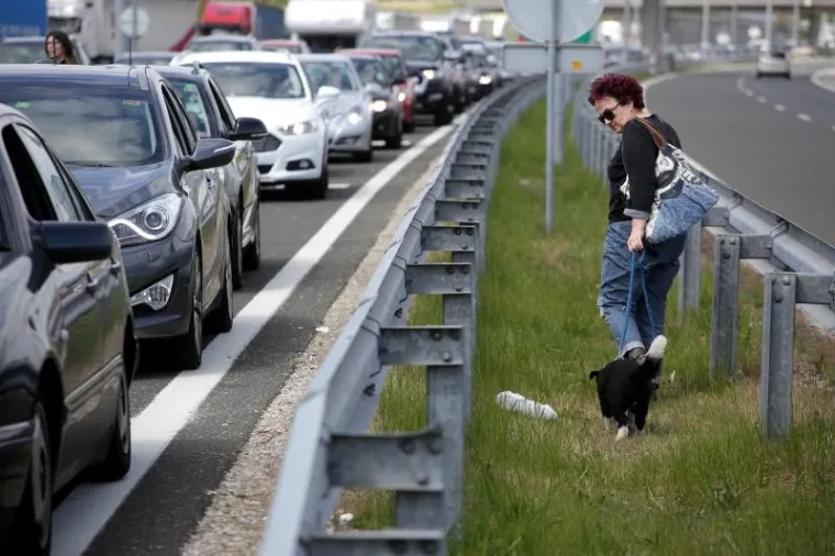 Kilometarske kolone na Bregani: Djeca se igraju na asfaltu, psi &scaron;eću po travi između traka