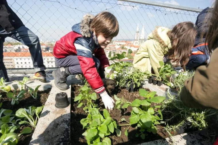 Djeca sadila biljke u IKEA urbanom vrtu na krovu nebodera na Iblerovom trgu