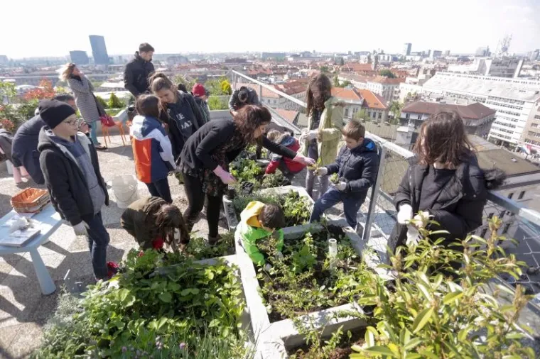 Djeca sadila biljke u IKEA urbanom vrtu na krovu nebodera na Iblerovom trgu