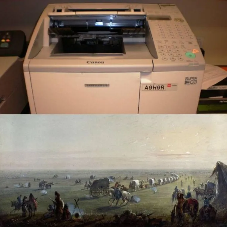 Oregon Trail, povijesni događaj kad je nepregledna kolona naseljenika kočijama krenula iz  Missourija prema američkom Zapadu, dogodio se isto vrijeme kad je izmi&scaron;ljen faks-uređaj (1843.)