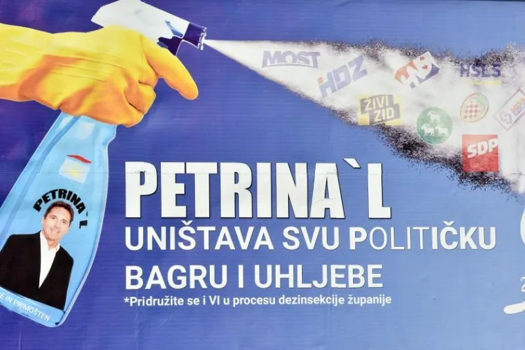 Načelnik Općine Primošten Stipe Petrina izvjesio je predizborne plakate u svom stilu. "Petrina'l - uništava svu političku bagru i uhljebe", natpis je na plakatu koji prikazuje Petrinu kao sredstvo za čišćenje protiv političkih stranaka. Osim toga, Petrina na plakatu poziva građane da se "pridruže u procesu dezinsekcije županije".