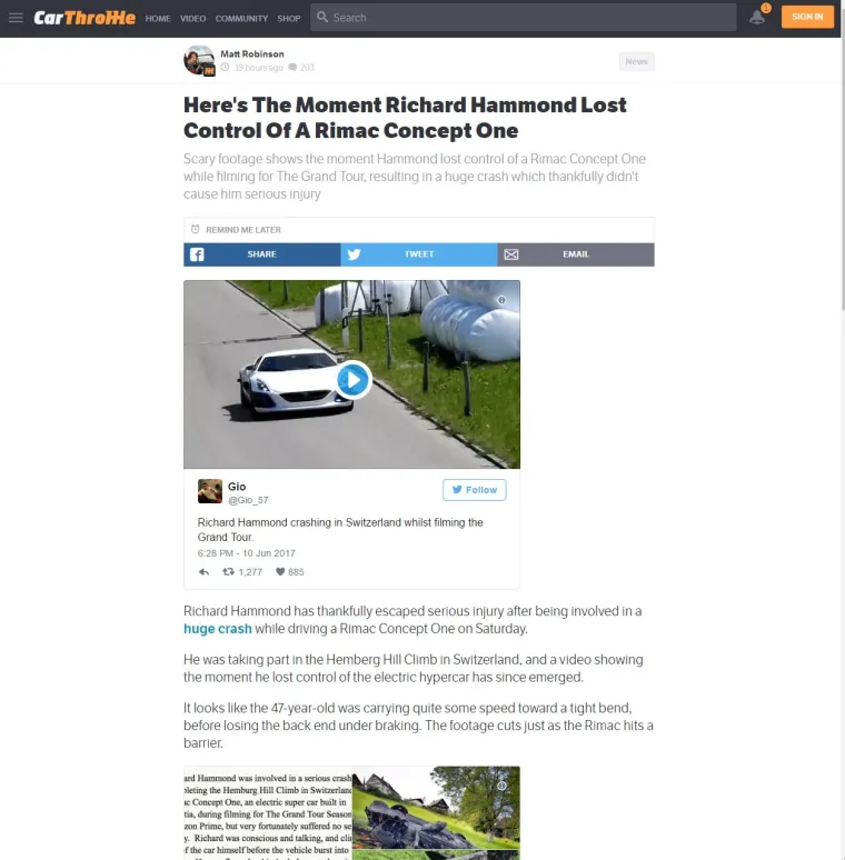 CarThrottle piše da je jedina ozljeda koju je Hammond pretrpio fraktura koljena i prenose službenu izjavu Rimčeve tvrtke koja želi Hammondu brz oporavak i poručuje da istražuje uzrok nesreće.