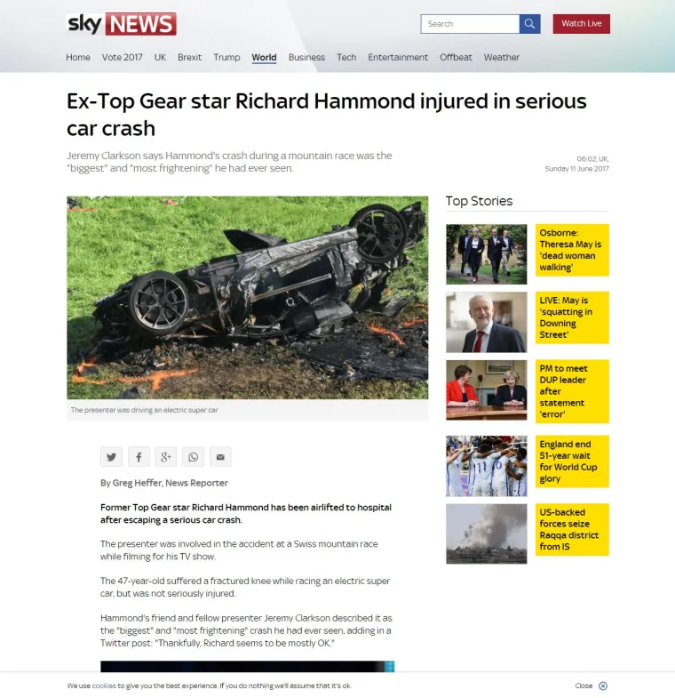 Sky piše da je voditelj Jeremy Clarkson kazao da je neserća u kojoj je Hammond sudjelovao najveća i najgora koju je ikada vidio