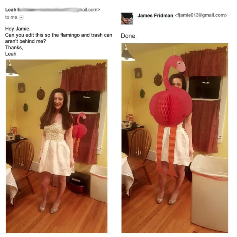 Tražila je da ptica i kanta za smeće ne stoje iza nje, a majstor Photoshopa James Fridman ispunio joj je želju.