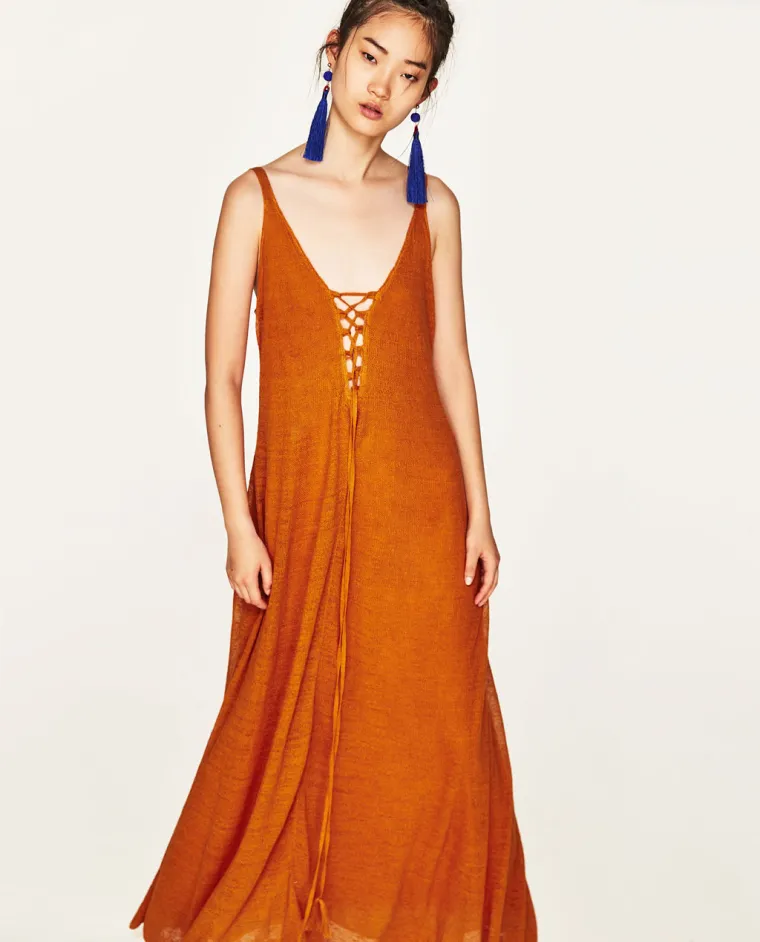 Narančasta dugačka haljina od lana s vezicama, Zara, 299,90 kn