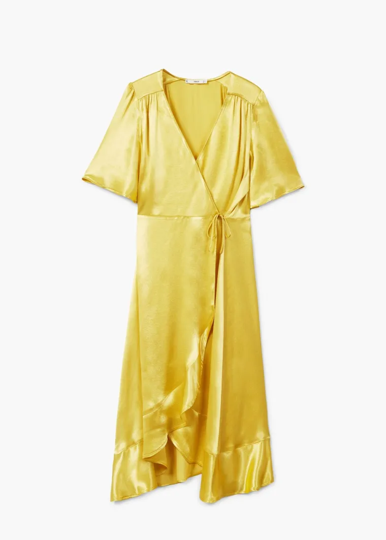 Žuta midi haljina na preklop i vezanje s volanima, Mango, 349,90 kuna