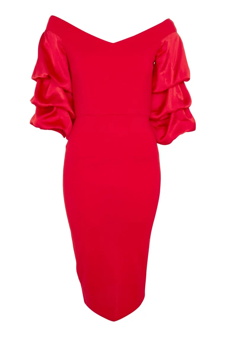Crvena pripijena haljina s naborima na rukavima, Topshop, 403,29 kuna