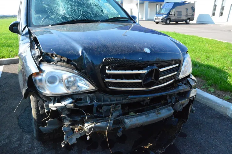 Terenac marke Mercedes u kojem su auto cestom pred policijom bjezali migranti. U policijskoj potjeri sletio je u odvodni kanal. U njemu je bilo 12 migranata.