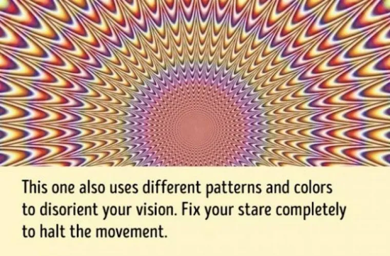 I ova slika različitim uzorcima i bojama simulira gibanje koje prestane kada se fokusirate na jednu točku.