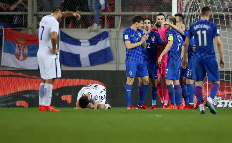 Slavlje hrvatskih reprezentativaca nakon &scaron;to su izborili Svjetsko prvenstvo u Rusiji