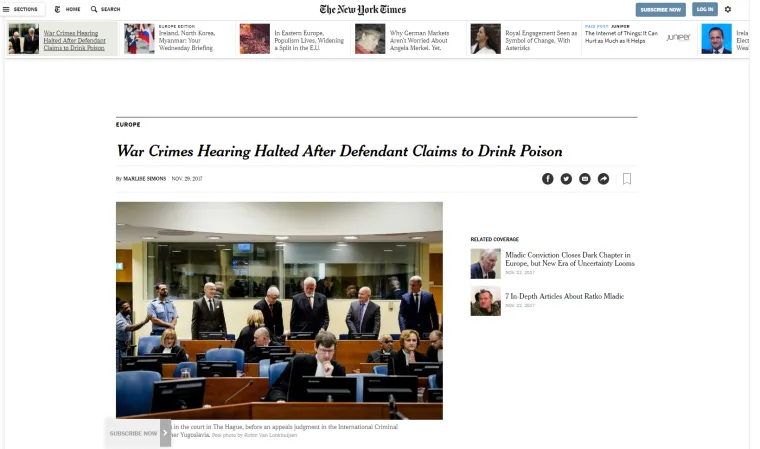 Svjetske agencije i brojni mediji u srijedu prenose vijest o navodnom ispijanju otrova biv&scaron;eg zapovjednika HVO-a Slobodana Praljka u haa&scaron;koj sudnici, nakon &scaron;to mu je potvrđena kazna od dvadeset godina zatvora.