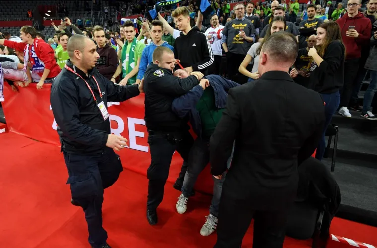 Intervencija osiguranja tijekom rukometne utakmice Slovenija - Crna Gora