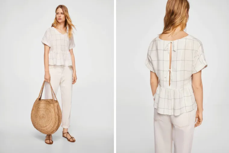 Karirana bluza od lana s volanima, Mango, 199,90 kuna