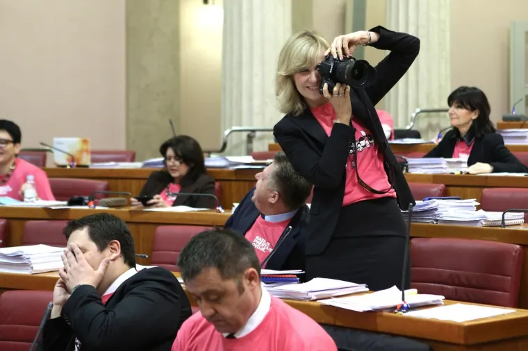 26.02.2014., Zagreb - Raspravom o Zakonu o radu nastavljena je sjednica Sabora RH. Ingrid Anticevic Marinovic snimala je fotoaparatom Gvozdena Flege kolege u ruzicastim majicama. 
Photo: Patrik Macek/PIXSELL