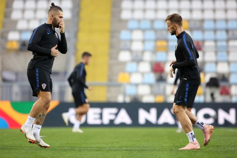 Rijeka: Trening hrvatske nogometne reprezentacije za utakmicu s Engleskom 11.10.2018. Rijeka - Trening Hrvatske nogometne reprezentacije uoci utakmice lige nacija protiv Engleske. Marko Livaja, Ivan Rakitic Photo: Nel Pavletic/PIXSELL