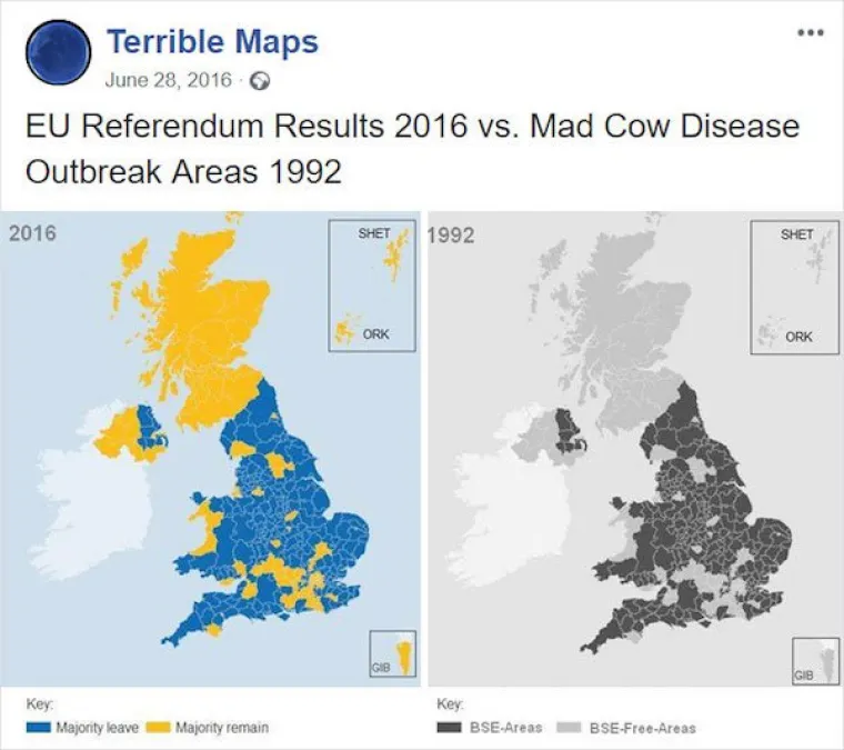 Twitter kanal Terrible maps  daje sasvim novo lice kartografiji i zemljopisu. Podatke iznose na krajnje zabavan način. Recimo, uspoređujući kartu rasprostranjenosti kravljeg ludila i mjesta u kojima su Britanci glasali za Brexit