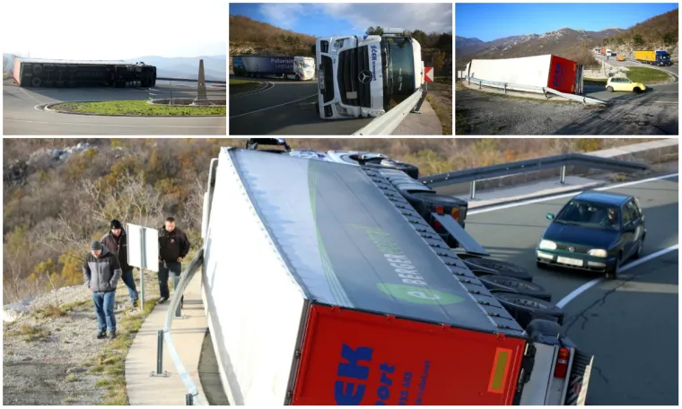 Zbog olujne bure zatvorena je dionica autoceste A6 Kikovica - Delnice.  Na obilaznoj cesti DC3 na o&scaron;trom zavoju, iznad Grobnika, zbog naleta bure prevrnuo se kamion.