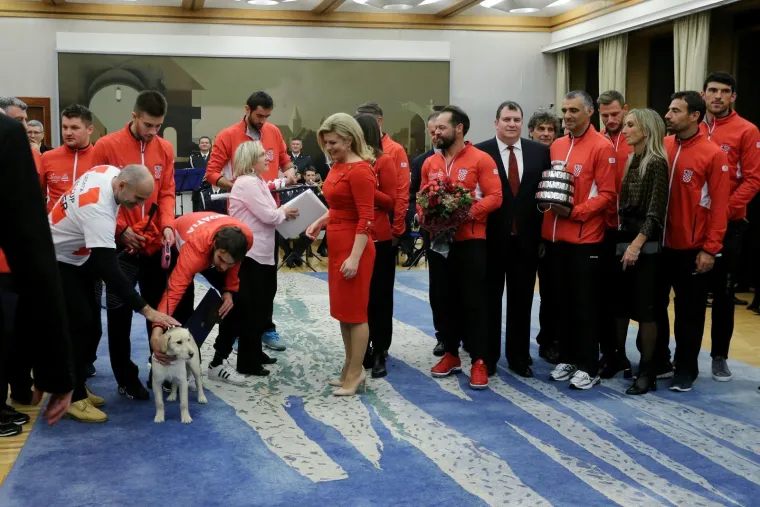 Predsjednica Kolinda Grabar-Kitarović odlikovala je pobjednike Davis Cupa. Za tu prigodu odjenula je vatreno crvenu usku haljinu do koljena koju su krasili zlatni detalji te kopče na ramenu.  Uz nju je  iskombinirala i cipele u boji kože.