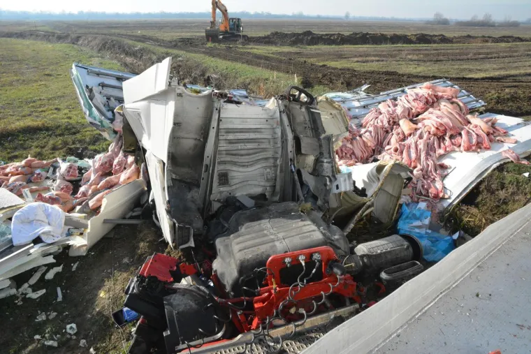Prevrnuo se kamion pun svinjskih polovica, vozač u životnoj opasnosti