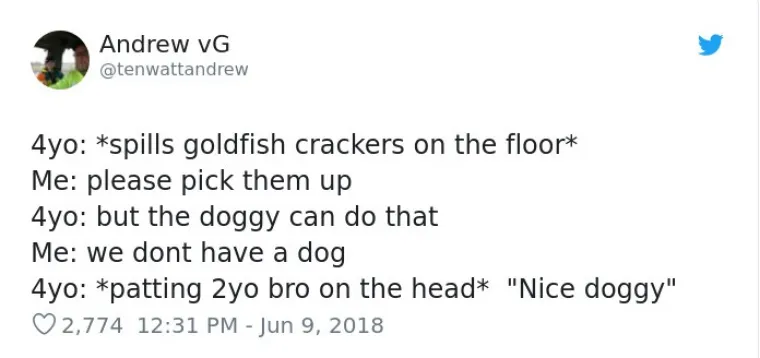 4-godi&scaron;njak je prosuo krekere po podu: Ja: Molim te pokupi to. 4-godi&scaron;njak: Ali psić to može. Ja: Ali mi nemamo psića. 4-godi&scaron;njak pogladi 2-godi&scaron;njeg brata po glavi i kaže: "Dobar psić..."