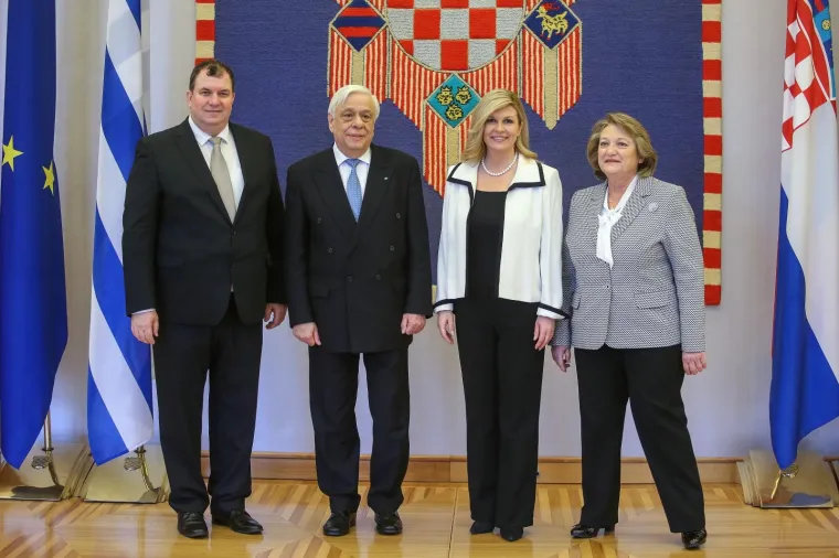 Jakov Kitarovic, grcki predsjednik Prokopios Pavlopoulos, hrvatska predsjednica Kolinda Grabar-Kitarovic, Vlassia Pavlopoulou-Peltsemi. 
Photo: Luka Stanzl/PIXSELL