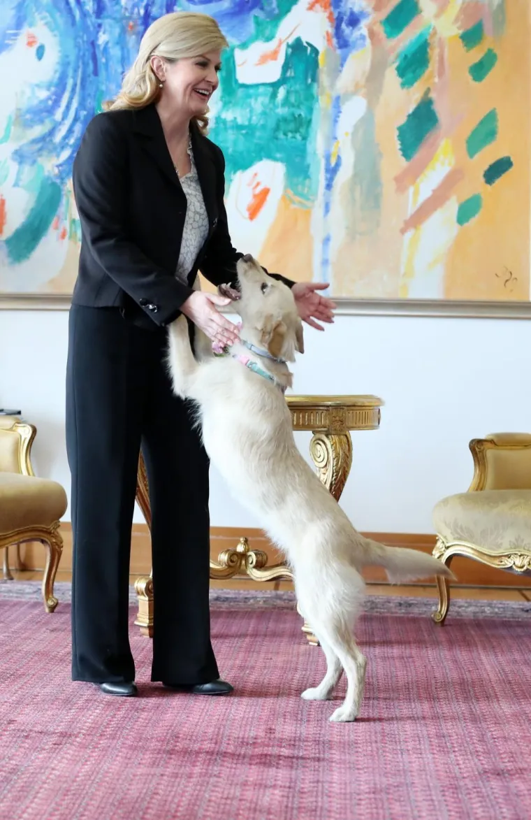 Predsjednica Kolinda Grabar-Kitarovic u igri s psom Kikom. Photo: Sanjin Strukic/PIXSELL