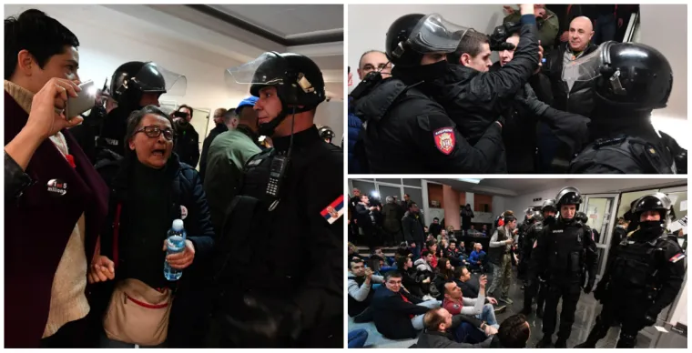 Prosvjednici u&scaron;li u zgradu RTS-a, policajci ih iznose: 'Zavr&scaron;eno je 7 godina Vučićeve diktature i laži'
