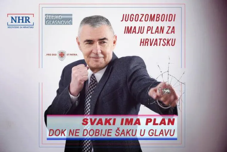 "Jugozomboidi imaju plan za Hrvatsku", poručuje Glasnović na trećem plakatu dok preciznim udarcem šakom razbija staklo. Slomivši staklo "razbijač" Glasnović šalje i pouku parafrazirajući Mikea Tysona: "Svaki ima plan dok ne dobije šaku u glavu".
