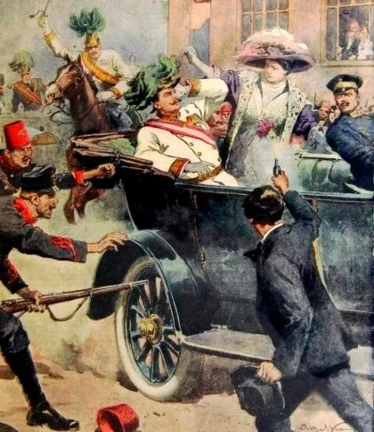 Srbija dodatno jača svoju poziciju pobjedama u Balkanskim ratovima (1912. i 1913.), oslobađa Kosovo i osvaja Makedoniju. Istodobno, jača i svoju obavještajnu službu, osobito na području BiH gdje srpska ilegalna organizacija Crna ruka organizira svojevrsnu podružnicu Mlada Bosna. Upravo će članovi Mlade Bosne zapaliti Bure baruta, kako se početkom 20. stoljeća tepalo Balkanu, a kasnije i Europu. Prikaz atentata za plakat. Credit line: Profimedia, Alamy