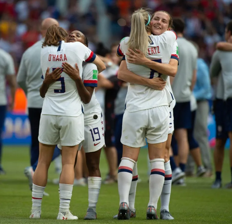 July 7, 2019 - Lyon, France - United States defender KELLEY O'HARA #5 and United States defender CRYSTAL DUNN #19 celebrate the win along side United States midfielder JULIE ERTZ #8 and United States defender TIERNA DAVIDSON #12 during the Women's World Cup final at Lyon Olympic Stadium in Lyon, France.  United States defeats the Netherlands 2-0, Image: 455221588, License: Rights-managed, Restrictions: , Model Release: no, Credit line: Profimedia, Zuma Press - News