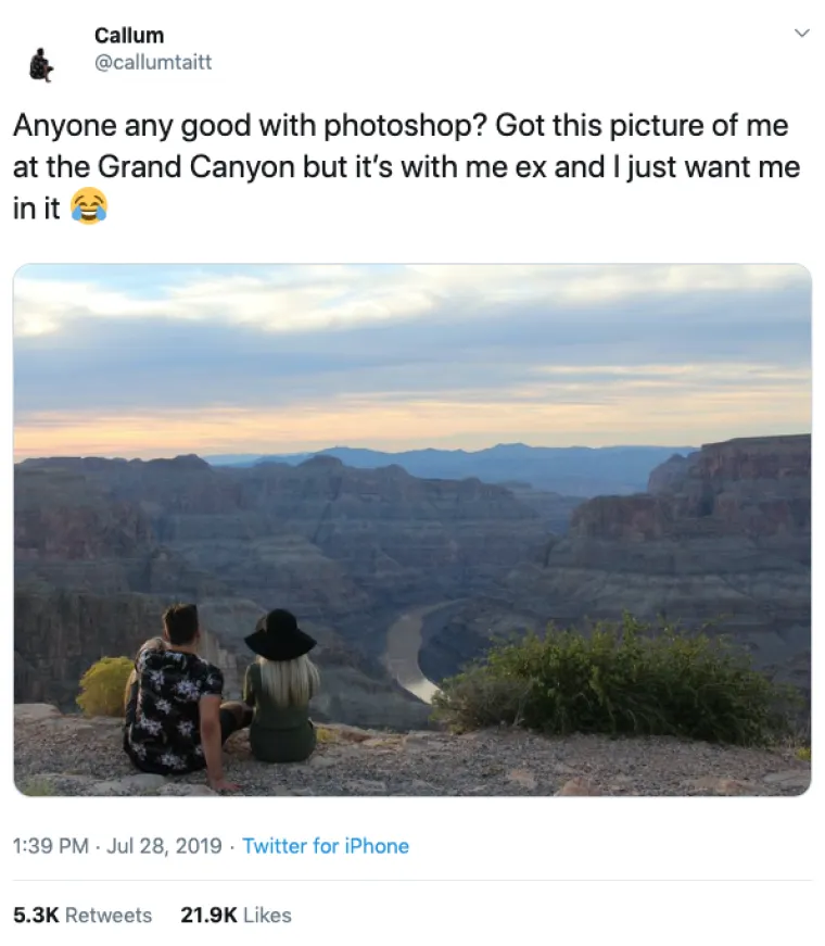 Dotični Callum zamolio je tviteraše da mu pomognu fotošopom maknuti bivšu s ove slike. Kao i obično, twitter je jedva dočekao ovu priliku. Evo što su mu sve ponudili.