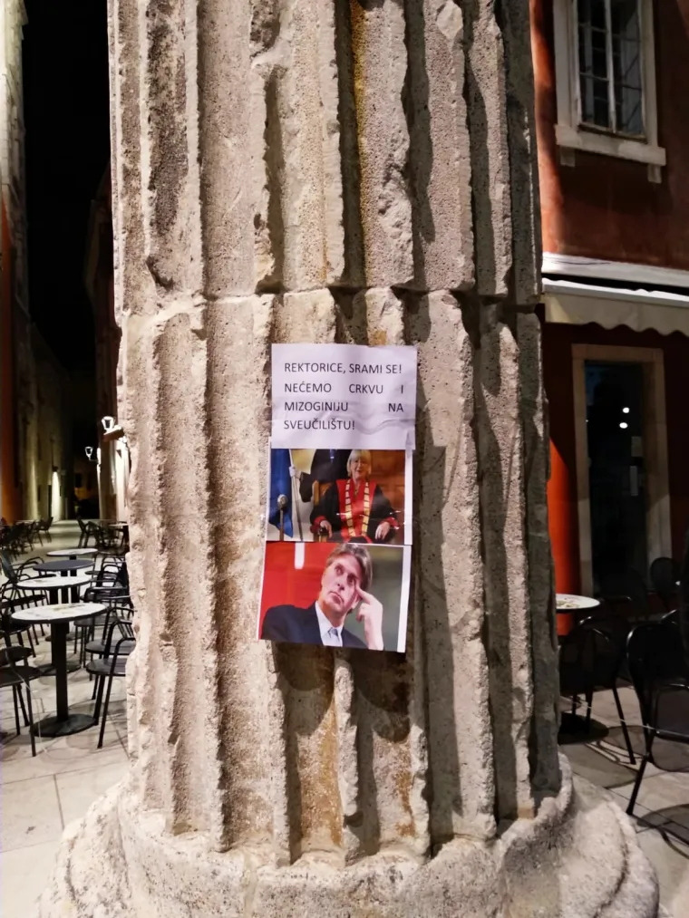 Noćna akcija u Zadru protiv zabrane pobačaja: 'Rektorice, srami se! Nećemo Crkvu na Sveučili&scaron;tu!'