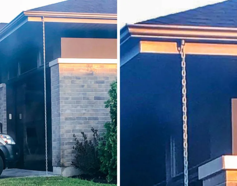 Za&scaron;to, pobogu, njima visi lanac s oluka? 
To je ki&scaron;ni lanac, koji se ponekad koristi umjesto klasičnog odvoda oluka. Voda klizi po njemu a ne može se začepiti.