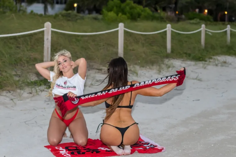 Miami, FL  - Following a great victory for AC Milan against Bologna Italian American model and reality TV star Claudia Romani and her celebrity fitness model friend Jess Picado celebrated by wearing Ac Milan team colors. Oh and extra small thongs. They did sexy poses, making fans n the beach very happy.
BACKGRID USA 8 DECEMBER 2019, Image: 487066124, License: Rights-managed, Restrictions: , Model Release: no, Credit line: Ulora / BACKGRID / Backgrid USA / Profimedia