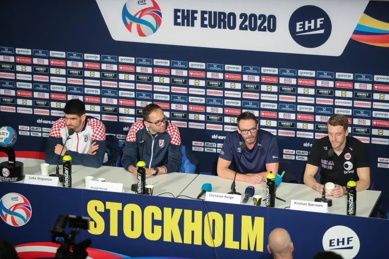Konferencija za medije hrvatske i norve&scaron;ke rukometne reprezentacije. Christian Berge, Kristian Bjornsen, Luka Stepančić, Hrvoje Horvat. 
Photo: Luka Stanzl/PIXSELL