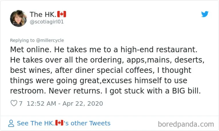 Upoznali smo se online. Odveo me u vrhunski restoran. Preuzeo je sve narudžbe, od predjela, glavnog jela, deserta, do najboljih vina i kava nakon obroka. Mislila sam da stvari idu sjajno, a onda je oti&scaron;ao na WC. Nikad se nije vratio, a meni je ostao OGROMAN račun